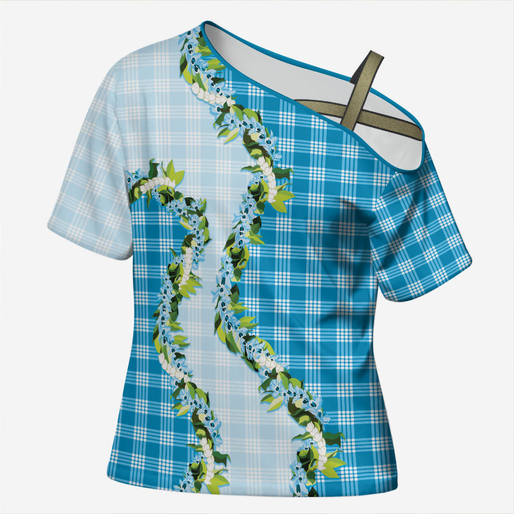 Blue Hawaii Palaka Cross Shoulder Shirt Maile Pikake Honohono Orchid Lei LT05 Female Blue - Polynesian Pride