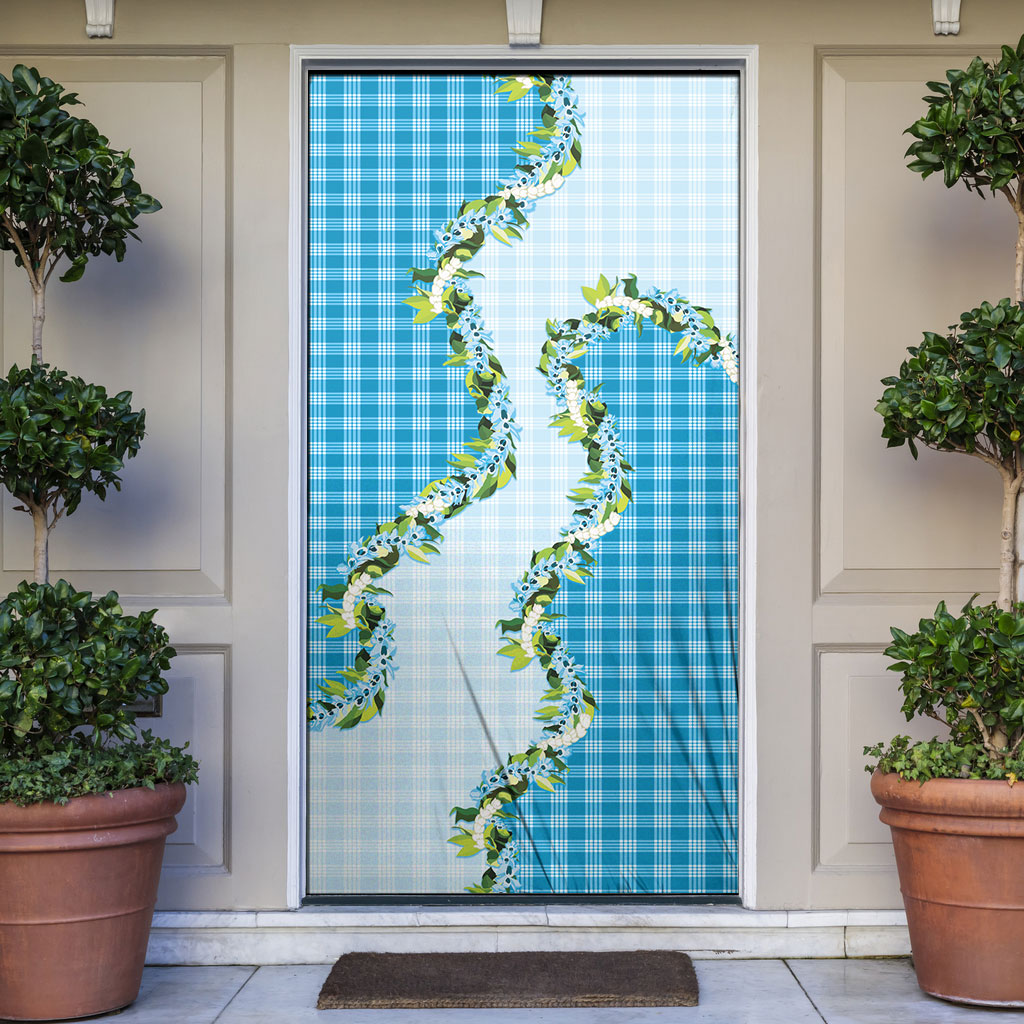 Blue Hawaii Palaka Door Cover Maile Pikake Honohono Orchid Lei LT05 Blue - Polynesian Pride
