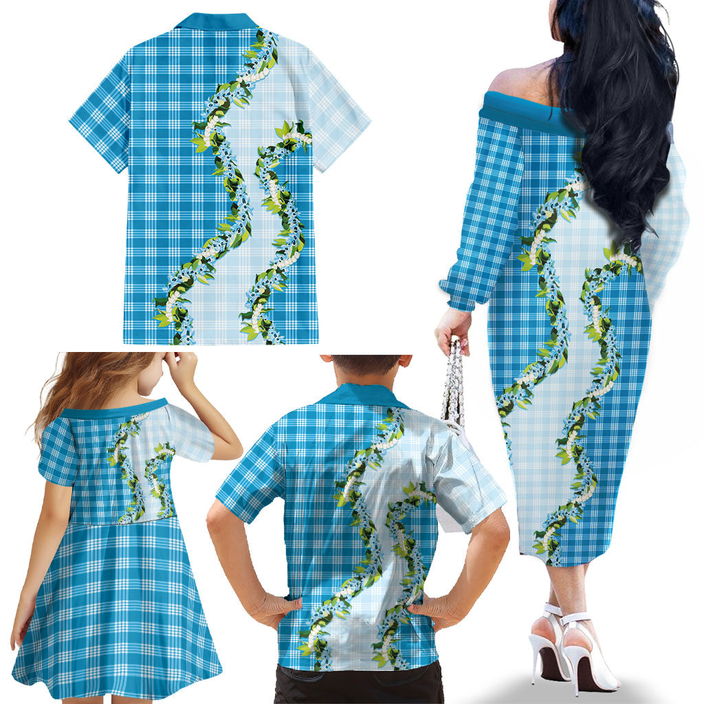 Blue Hawaii Palaka Family Matching Off The Shoulder Long Sleeve Dress and Hawaiian Shirt Maile Pikake Honohono Orchid Lei LT05 - Polynesian Pride