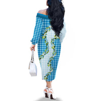 Blue Hawaii Palaka Family Matching Off The Shoulder Long Sleeve Dress and Hawaiian Shirt Maile Pikake Honohono Orchid Lei LT05 - Polynesian Pride