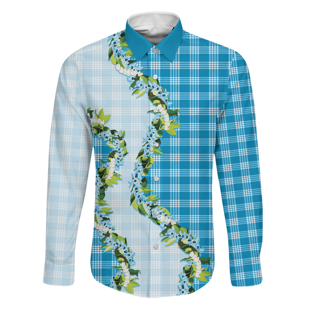 Blue Hawaii Palaka Family Matching Off Shoulder Short Dress and Hawaiian Shirt Maile Pikake Honohono Orchid Lei LT05 Dad's Shirt - Long Sleeve Blue - Polynesian Pride