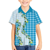 Blue Hawaii Palaka Family Matching Off Shoulder Short Dress and Hawaiian Shirt Maile Pikake Honohono Orchid Lei LT05 Son's Shirt Blue - Polynesian Pride