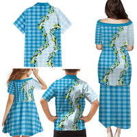 Blue Hawaii Palaka Family Matching Puletasi and Hawaiian Shirt Maile Pikake Honohono Orchid Lei LT05 - Polynesian Pride