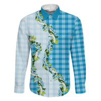 Blue Hawaii Palaka Family Matching Puletasi and Hawaiian Shirt Maile Pikake Honohono Orchid Lei LT05 Dad's Shirt - Long Sleeve Blue - Polynesian Pride