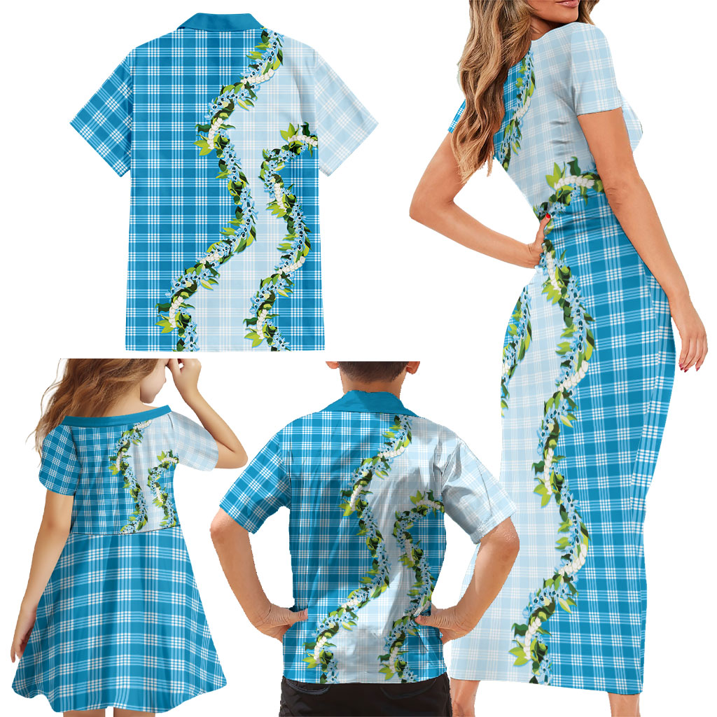 Blue Hawaii Palaka Family Matching Short Sleeve Bodycon Dress and Hawaiian Shirt Maile Pikake Honohono Orchid Lei LT05 - Polynesian Pride