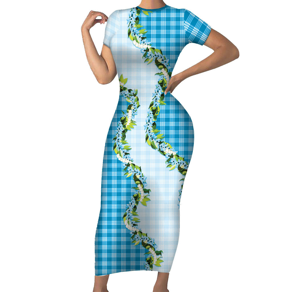 Blue Hawaii Palaka Family Matching Short Sleeve Bodycon Dress and Hawaiian Shirt Maile Pikake Honohono Orchid Lei LT05 Mom's Dress Blue - Polynesian Pride