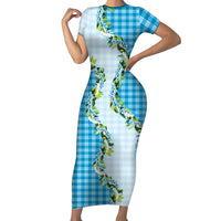 Blue Hawaii Palaka Family Matching Short Sleeve Bodycon Dress and Hawaiian Shirt Maile Pikake Honohono Orchid Lei LT05 Mom's Dress Blue - Polynesian Pride
