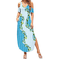 Blue Hawaii Palaka Family Matching Summer Maxi Dress and Hawaiian Shirt Maile Pikake Honohono Orchid Lei LT05 Mom's Dress Blue - Polynesian Pride