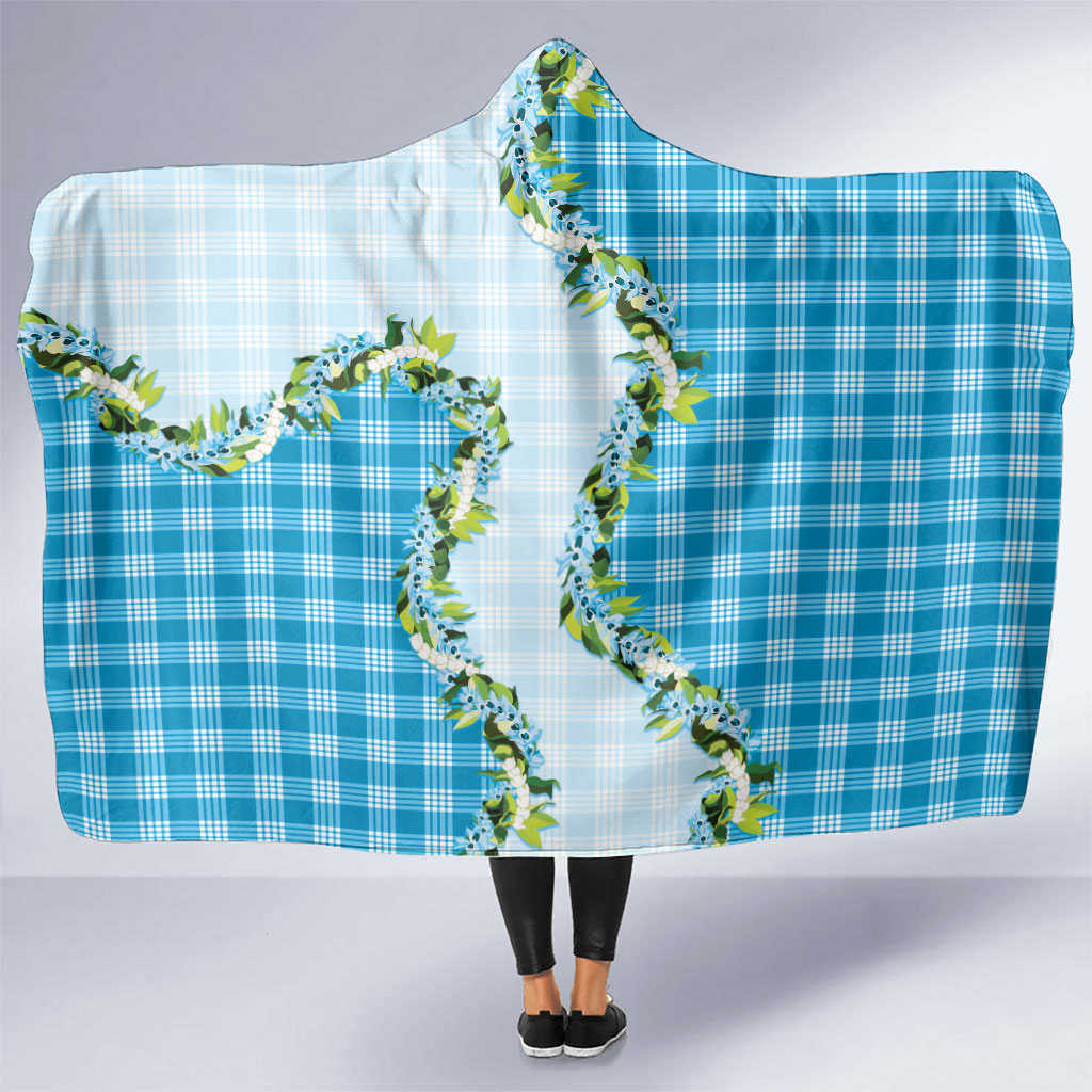 Blue Hawaii Palaka Hooded Blanket Maile Pikake Honohono Orchid Lei LT05 One Size Blue - Polynesian Pride