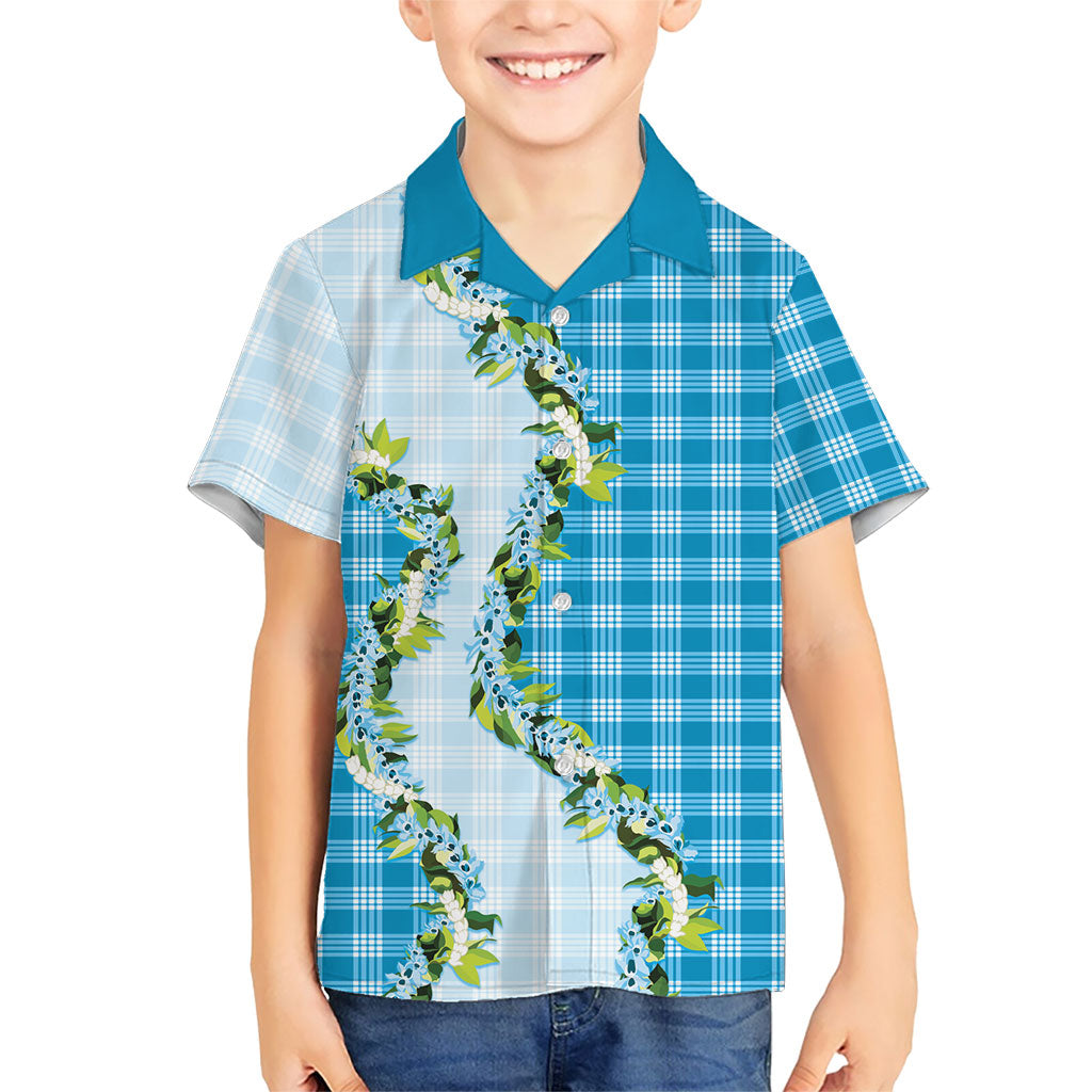 Blue Hawaii Palaka Kid Hawaiian Shirt Maile Pikake Honohono Orchid Lei