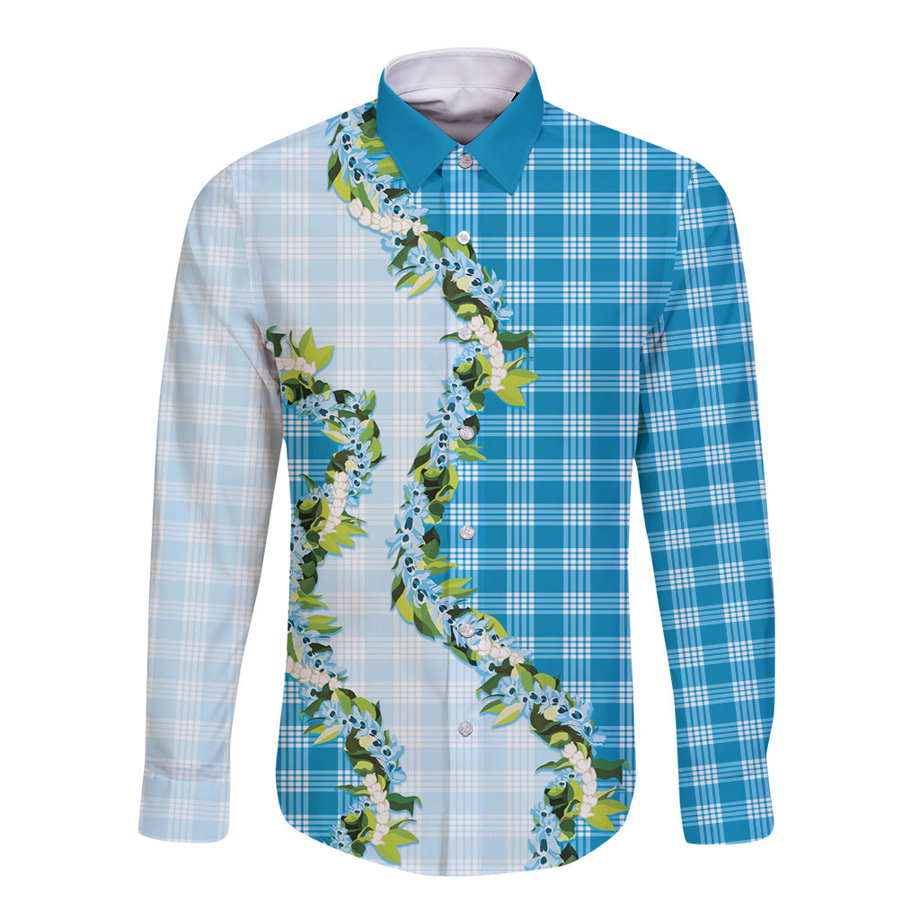 Blue Hawaii Palaka Long Sleeve Button Shirt Maile Pikake Honohono Orchid Lei LT05 Unisex Blue - Polynesian Pride