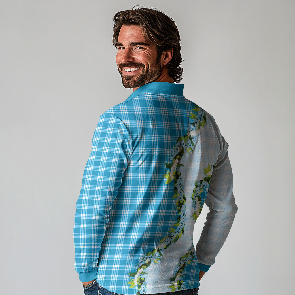 Blue Hawaii Palaka Long Sleeve Polo Shirt Maile Pikake Honohono Orchid Lei LT05 - Polynesian Pride