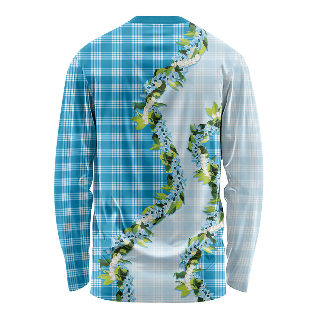 Blue Hawaii Palaka Long Sleeve Shirt Maile Pikake Honohono Orchid Lei