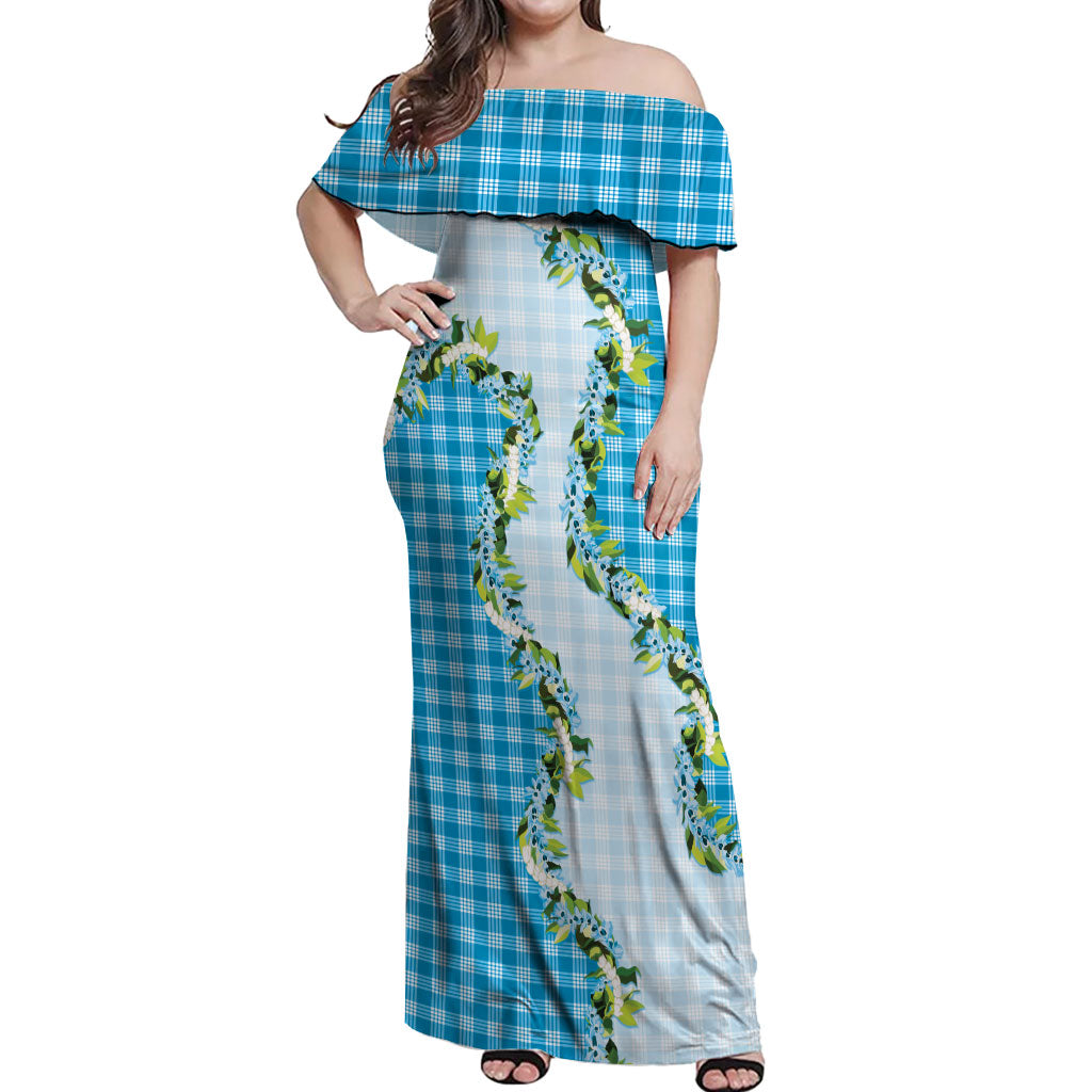Blue Hawaii Palaka Off Shoulder Maxi Dress Maile Pikake Honohono Orchid Lei
