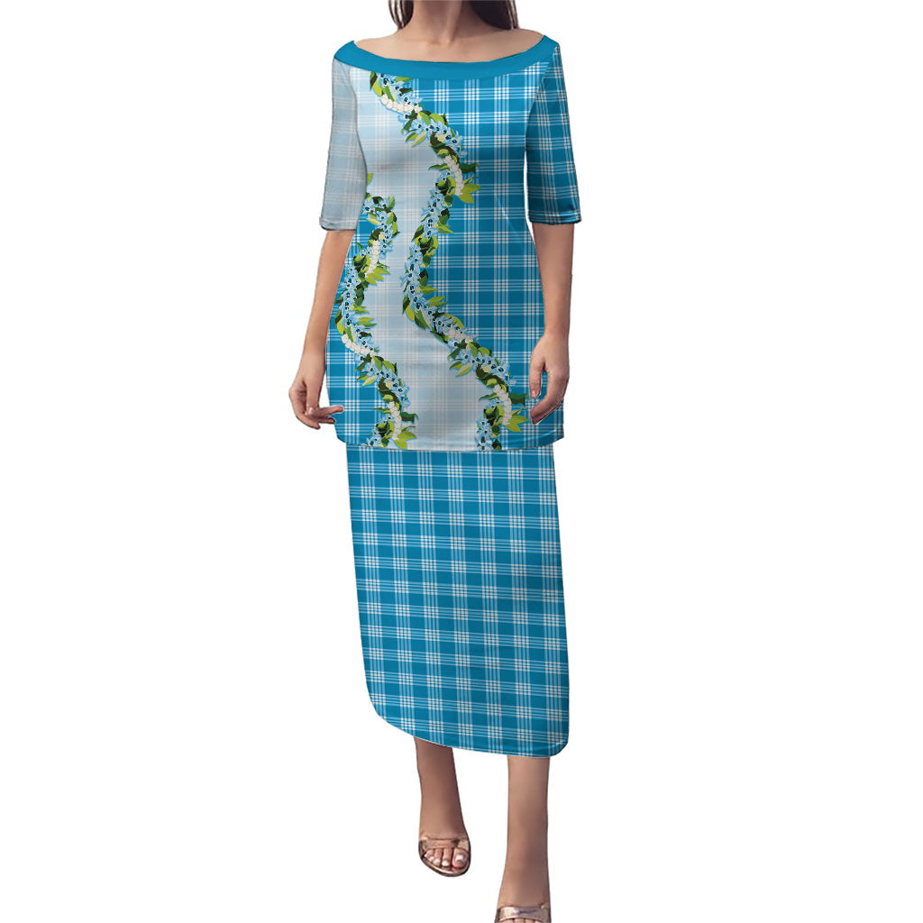 Blue Hawaii Palaka Puletasi Maile Pikake Honohono Orchid Lei LT05 Long Dress Blue - Polynesian Pride