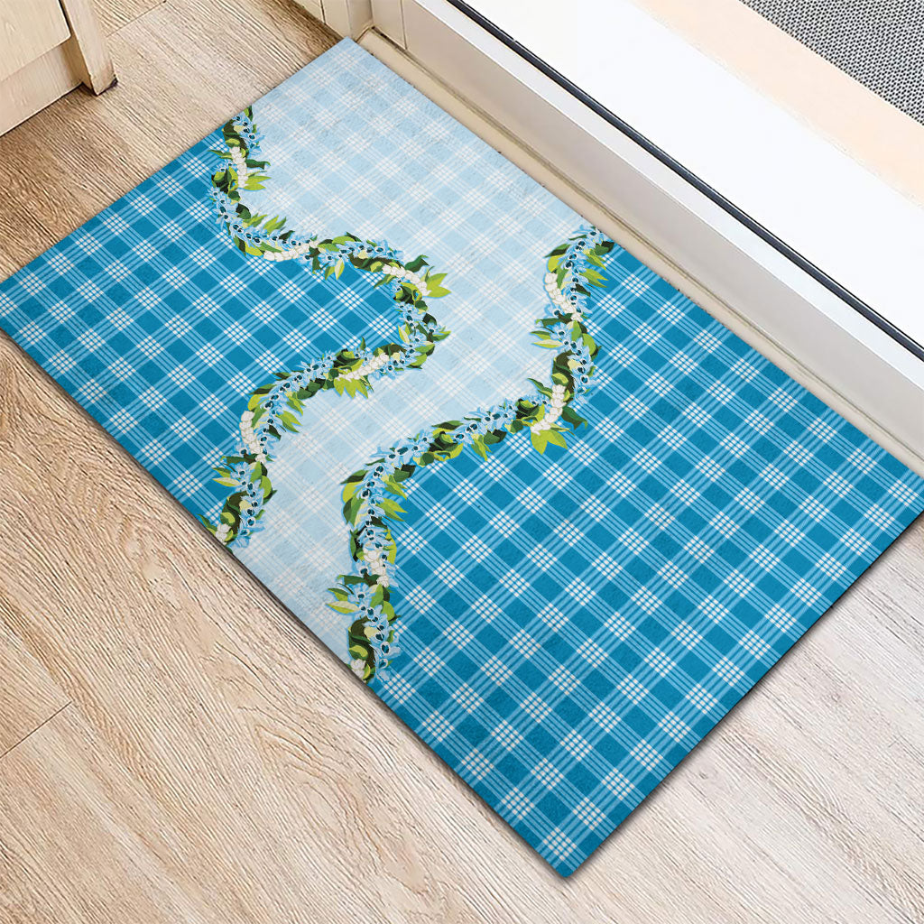 Blue Hawaii Palaka Rubber Doormat Maile Pikake Honohono Orchid Lei
