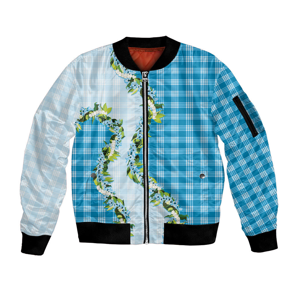 Blue Hawaii Palaka Sleeve Zip Bomber Jacket Maile Pikake Honohono Orchid Lei LT05 Unisex Blue - Polynesian Pride
