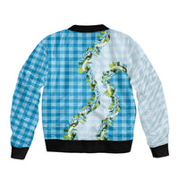 Blue Hawaii Palaka Sleeve Zip Bomber Jacket Maile Pikake Honohono Orchid Lei LT05 - Polynesian Pride