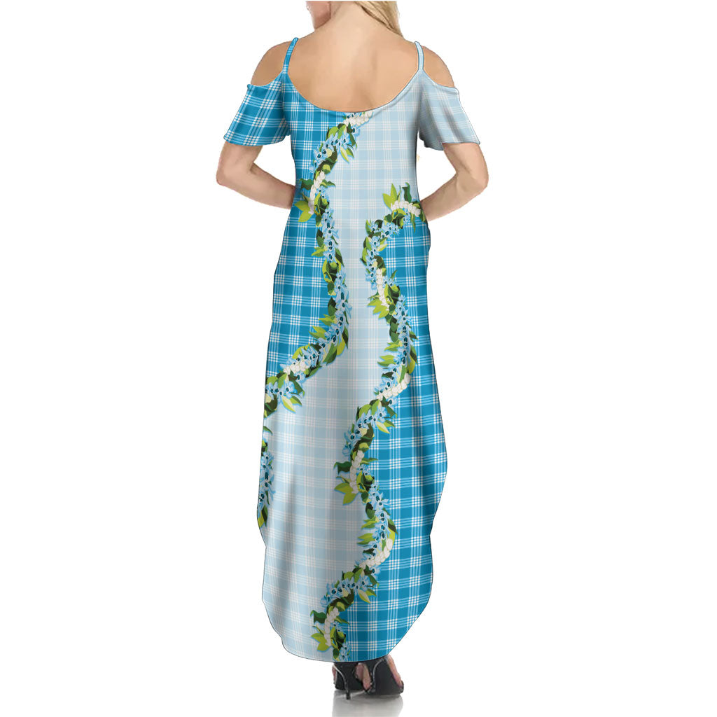 Blue Hawaii Palaka Summer Maxi Dress Maile Pikake Honohono Orchid Lei