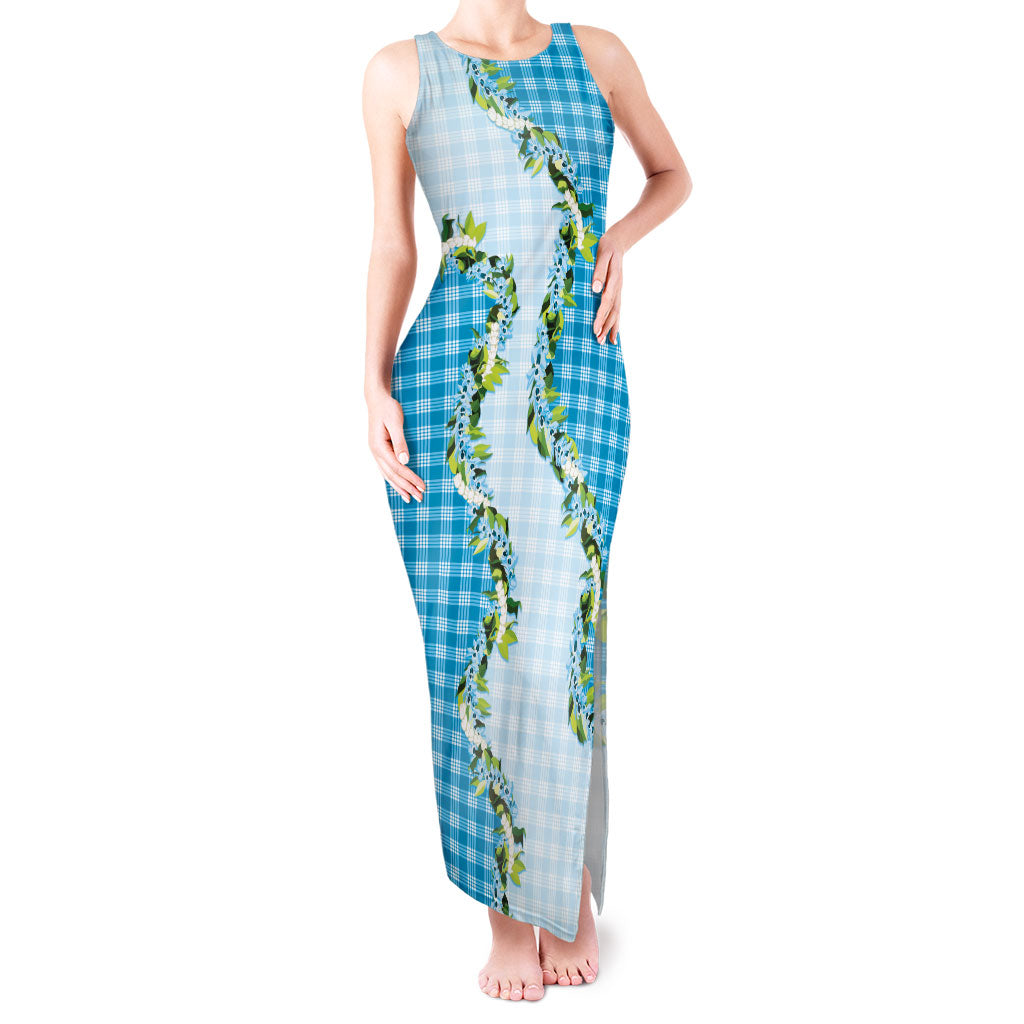 Blue Hawaii Palaka Tank Maxi Dress Maile Pikake Honohono Orchid Lei LT05 Women Blue - Polynesian Pride