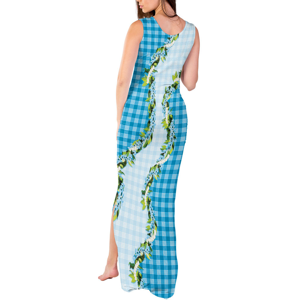 Blue Hawaii Palaka Tank Maxi Dress Maile Pikake Honohono Orchid Lei LT05 - Polynesian Pride
