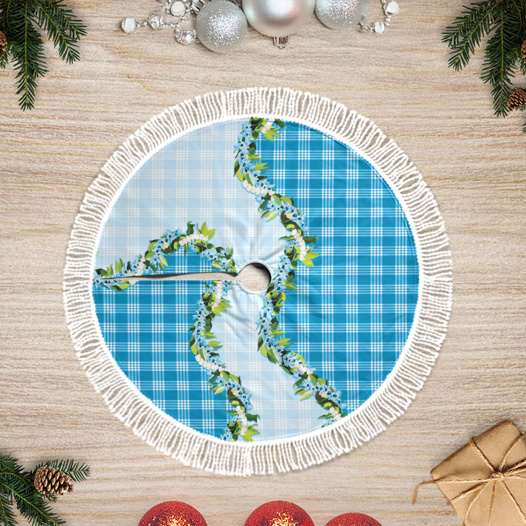 Blue Hawaii Palaka Tree Skirt Maile Pikake Honohono Orchid Lei LT05 Fringed Blue - Polynesian Pride