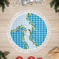 Blue Hawaii Palaka Tree Skirt Maile Pikake Honohono Orchid Lei LT05 Fringed Blue - Polynesian Pride