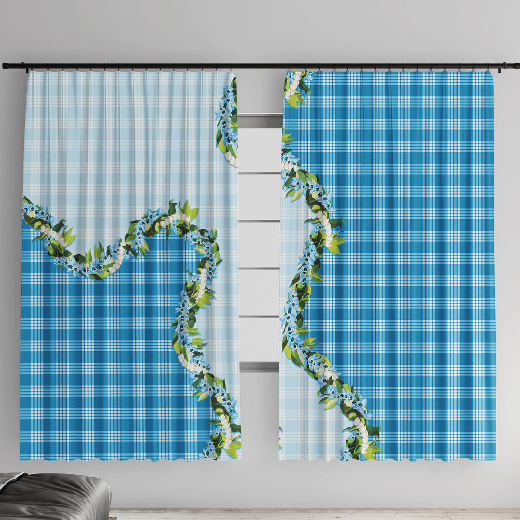 Blue Hawaii Palaka Window Curtain Maile Pikake Honohono Orchid Lei LT05 With Hooks Blue - Polynesian Pride