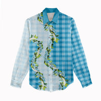 Blue Hawaii Palaka Women Casual Shirt Maile Pikake Honohono Orchid Lei LT05 - Polynesian Pride