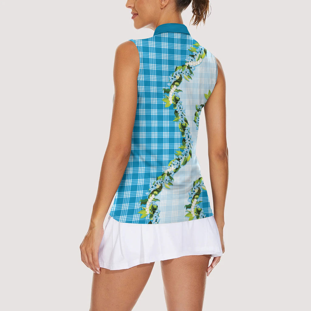 Blue Hawaii Palaka Women Sleeveless Polo Shirt Maile Pikake Honohono Orchid Lei LT05 - Polynesian Pride