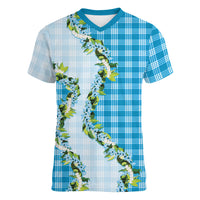 Blue Hawaii Palaka Women V-Neck T-Shirt Maile Pikake Honohono Orchid Lei LT05 Female Blue - Polynesian Pride