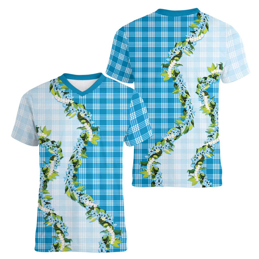 Blue Hawaii Palaka Women V-Neck T-Shirt Maile Pikake Honohono Orchid Lei LT05 - Polynesian Pride