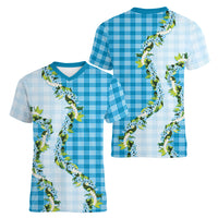 Blue Hawaii Palaka Women V-Neck T-Shirt Maile Pikake Honohono Orchid Lei LT05 - Polynesian Pride