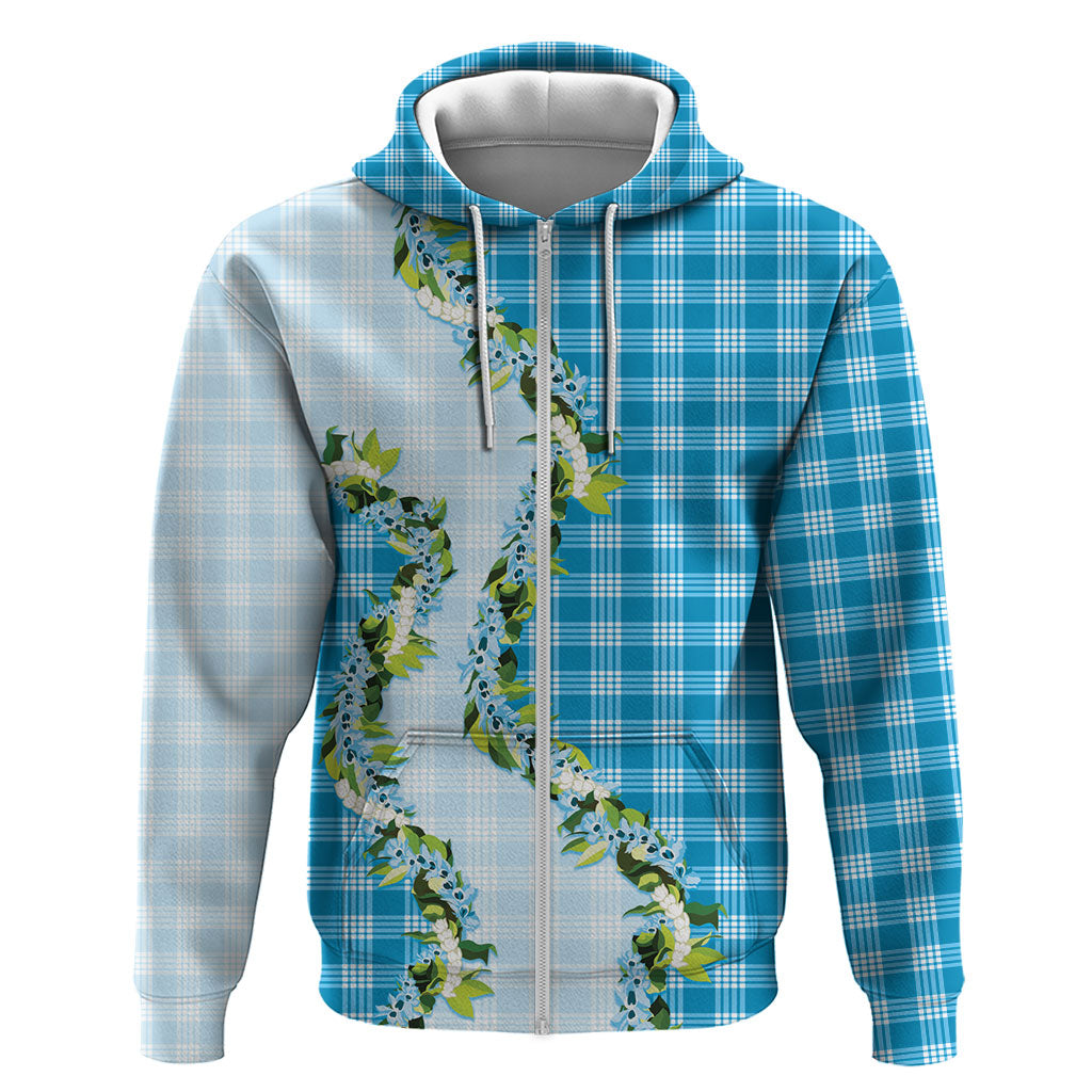 Blue Hawaii Palaka Zip Hoodie Maile Pikake Honohono Orchid Lei