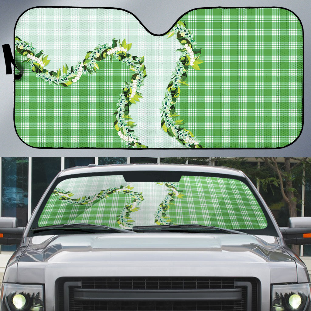 Green Hawaii Palaka Auto Sun Shade Maile Pikake Honohono Orchid Lei LT05 Green - Polynesian Pride