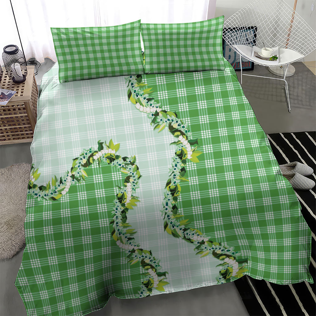 Green Hawaii Palaka Bedding Set Maile Pikake Honohono Orchid Lei