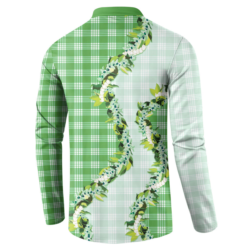Green Hawaii Palaka Button Sweatshirt Maile Pikake Honohono Orchid Lei
