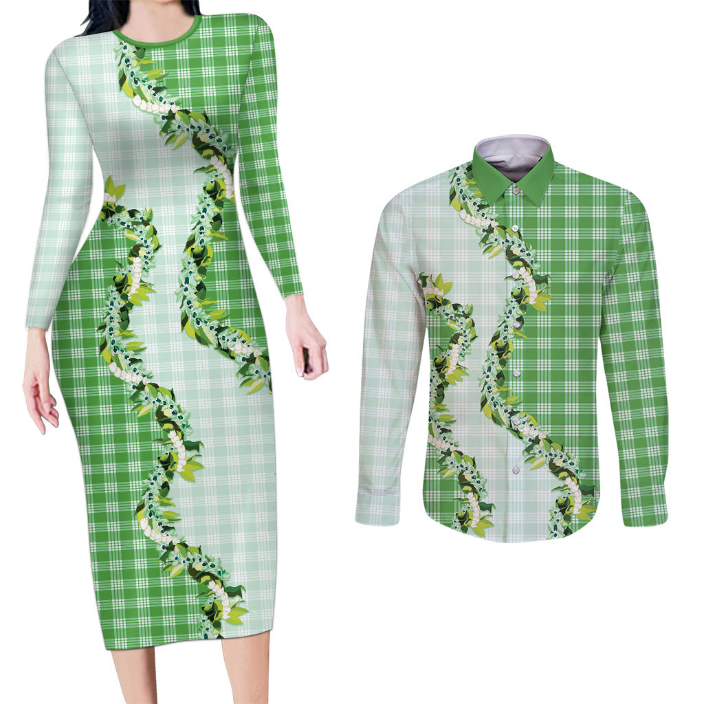Green Hawaii Palaka Couples Matching Long Sleeve Bodycon Dress and Long Sleeve Button Shirt Maile Pikake Honohono Orchid Lei LT05 Green - Polynesian Pride