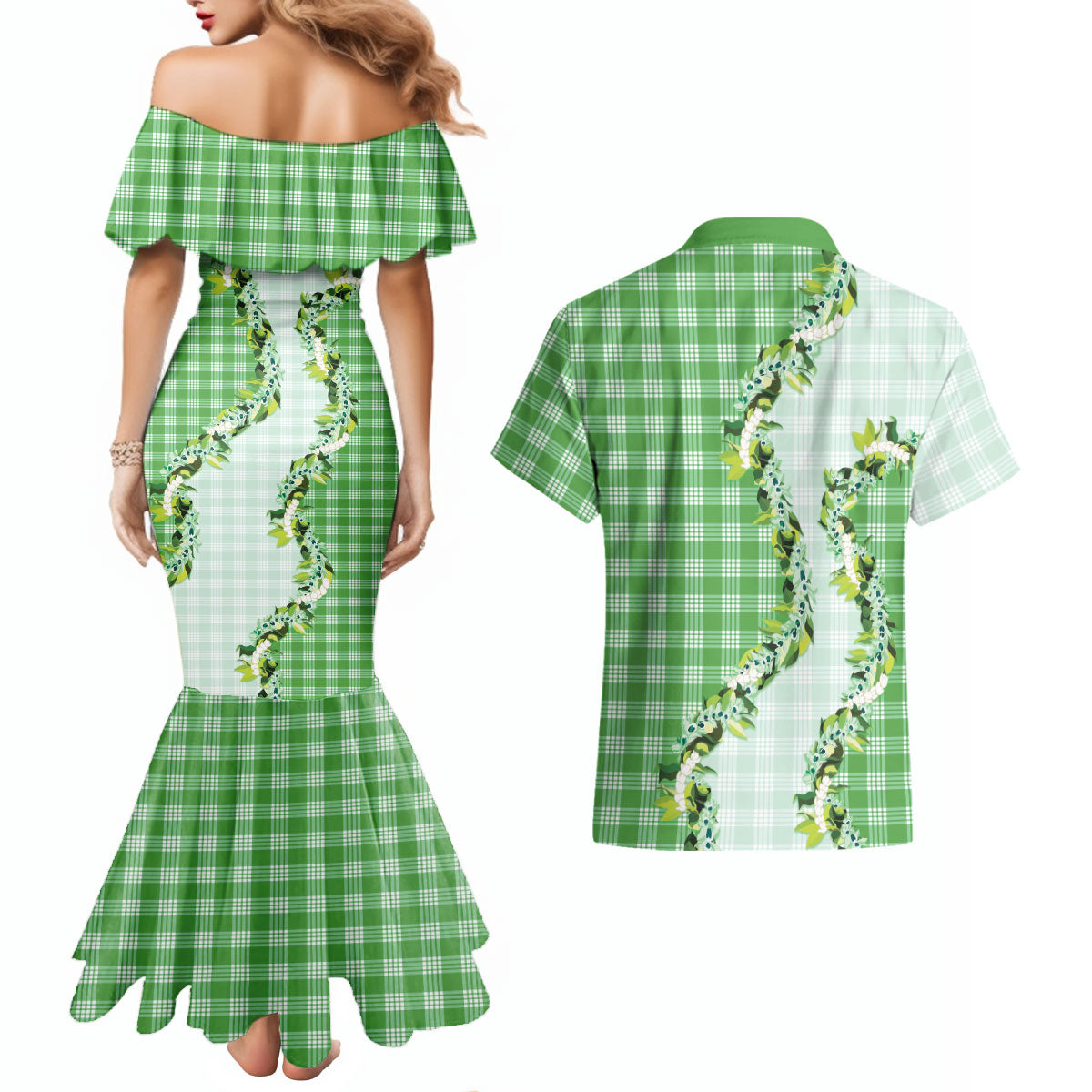 Green Hawaii Palaka Couples Matching Mermaid Dress and Hawaiian Shirt Maile Pikake Honohono Orchid Lei LT05 - Polynesian Pride