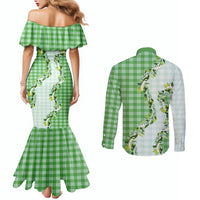 Green Hawaii Palaka Couples Matching Mermaid Dress and Long Sleeve Button Shirt Maile Pikake Honohono Orchid Lei LT05 - Polynesian Pride