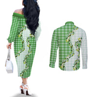 Green Hawaii Palaka Couples Matching Off The Shoulder Long Sleeve Dress and Long Sleeve Button Shirt Maile Pikake Honohono Orchid Lei LT05 - Polynesian Pride