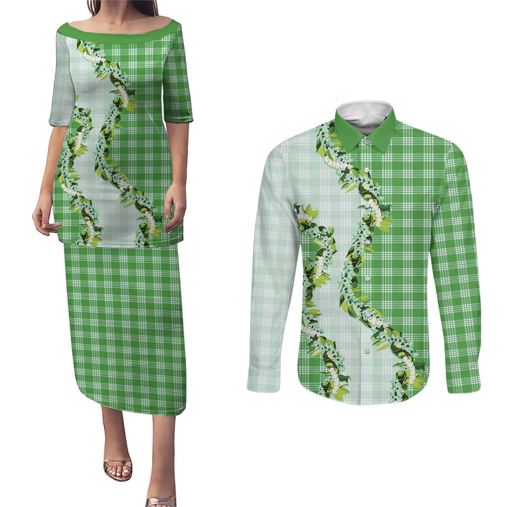 Green Hawaii Palaka Couples Matching Puletasi and Long Sleeve Button Shirt Maile Pikake Honohono Orchid Lei LT05 Green - Polynesian Pride