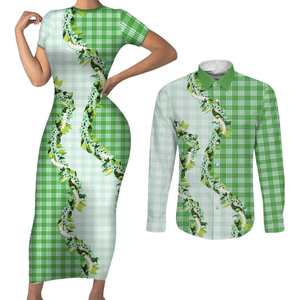 Green Hawaii Palaka Couples Matching Short Sleeve Bodycon Dress and Long Sleeve Button Shirt Maile Pikake Honohono Orchid Lei LT05 Green - Polynesian Pride