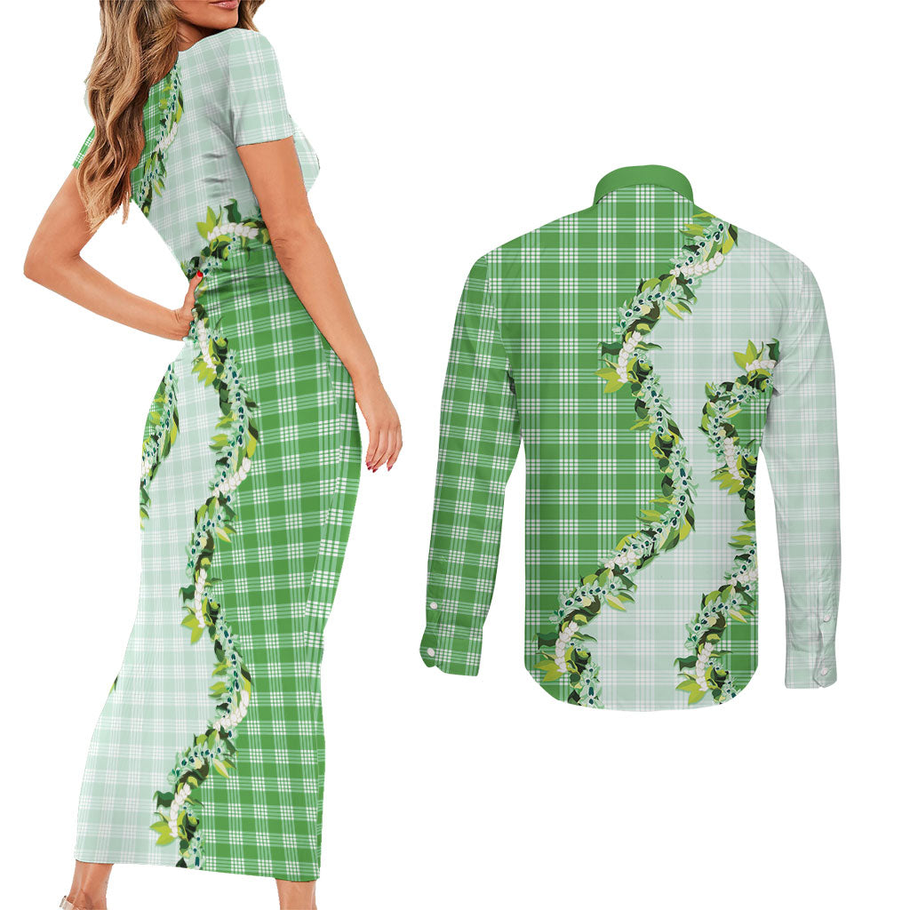 Green Hawaii Palaka Couples Matching Short Sleeve Bodycon Dress and Long Sleeve Button Shirt Maile Pikake Honohono Orchid Lei LT05 - Polynesian Pride