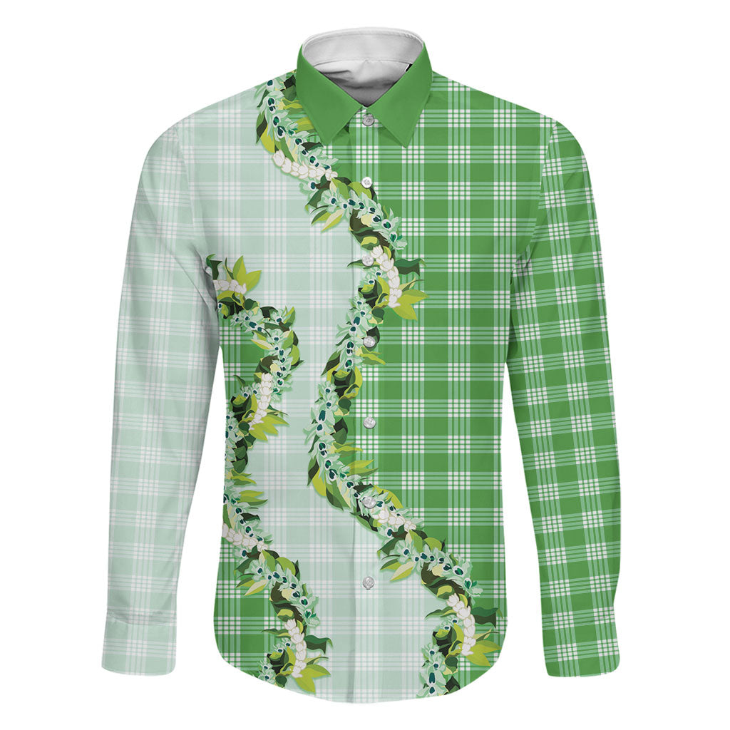 Green Hawaii Palaka Family Matching Off Shoulder Maxi Dress and Hawaiian Shirt Maile Pikake Honohono Orchid Lei LT05 Dad's Shirt - Long Sleeve Green - Polynesian Pride