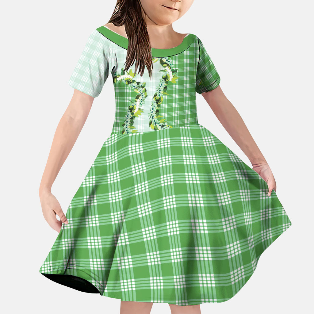 Green Hawaii Palaka Family Matching Summer Maxi Dress and Hawaiian Shirt Maile Pikake Honohono Orchid Lei LT05 Daughter's Dress Green - Polynesian Pride