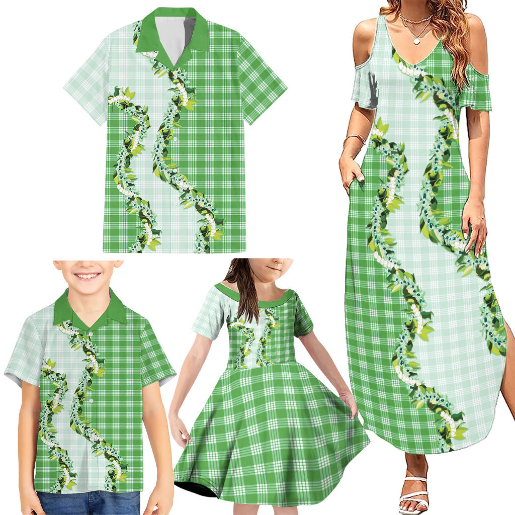 Green Hawaii Palaka Family Matching Summer Maxi Dress and Hawaiian Shirt Maile Pikake Honohono Orchid Lei LT05 - Polynesian Pride
