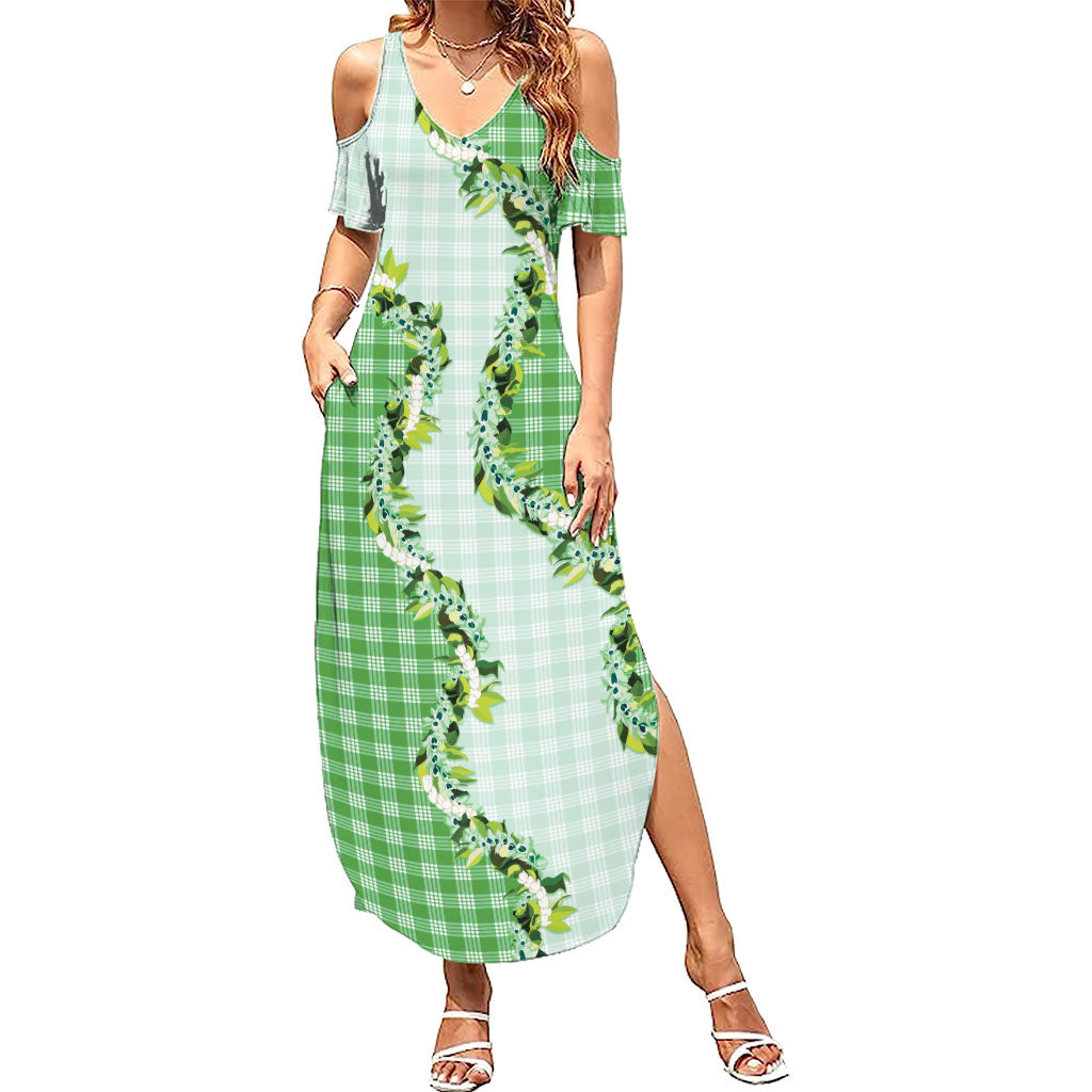 Green Hawaii Palaka Family Matching Summer Maxi Dress and Hawaiian Shirt Maile Pikake Honohono Orchid Lei LT05 Mom's Dress Green - Polynesian Pride