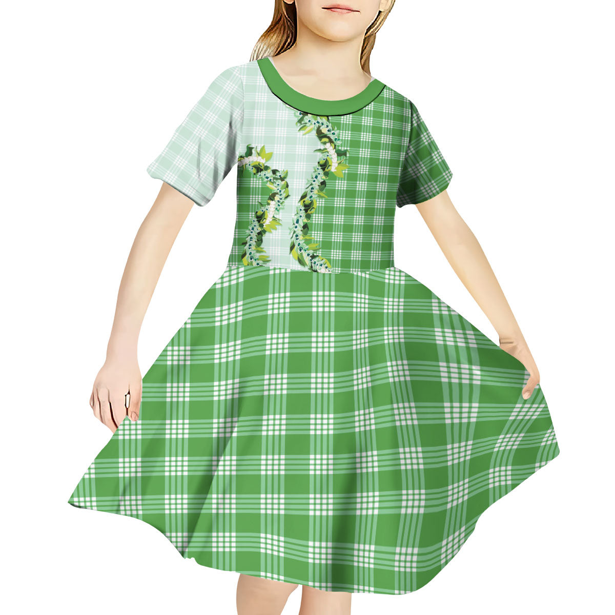 Green Hawaii Palaka Kid Short Sleeve Dress Maile Pikake Honohono Orchid Lei LT05 - Polynesian Pride