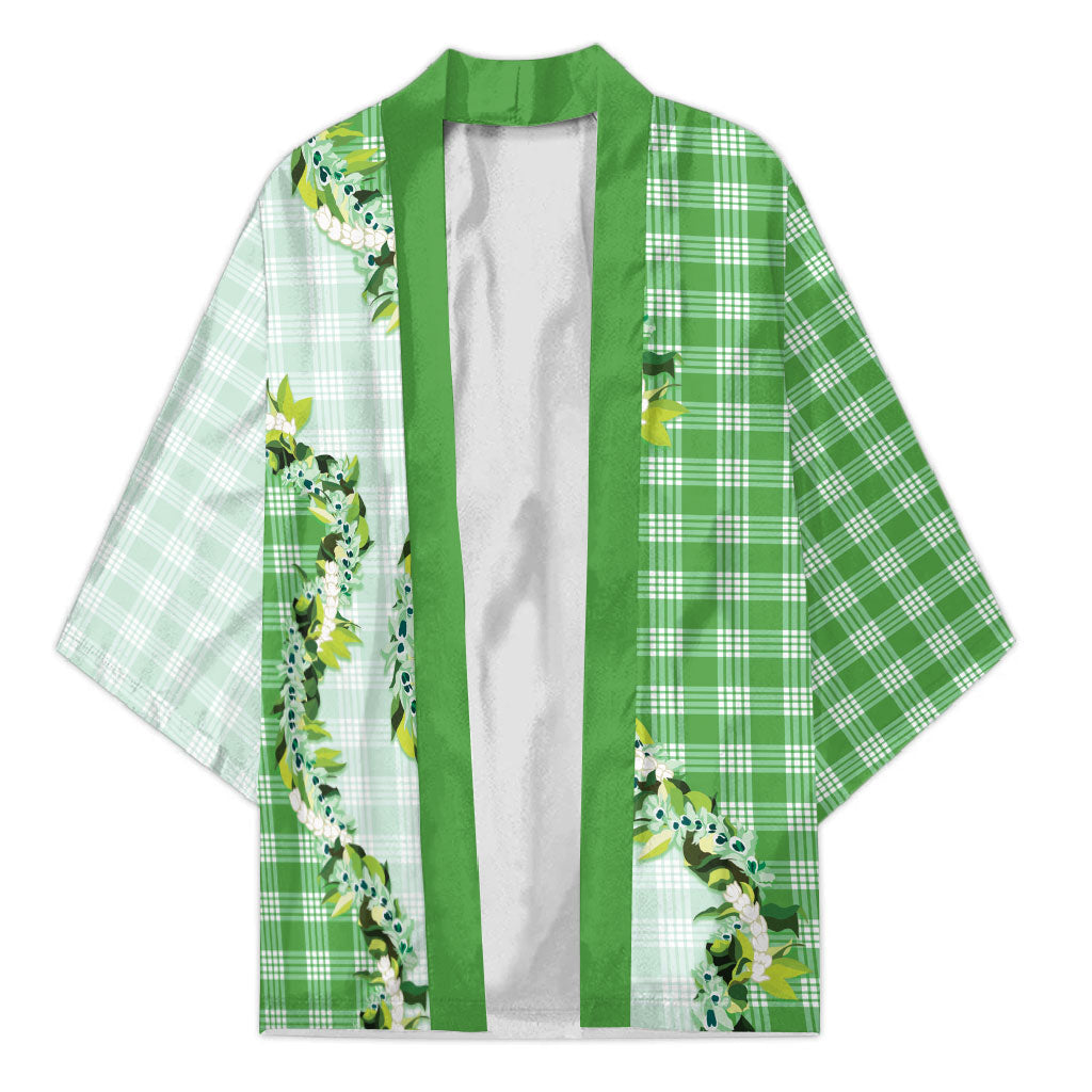 Green Hawaii Palaka Kimono Maile Pikake Honohono Orchid Lei LT05 Unisex Green - Polynesian Pride